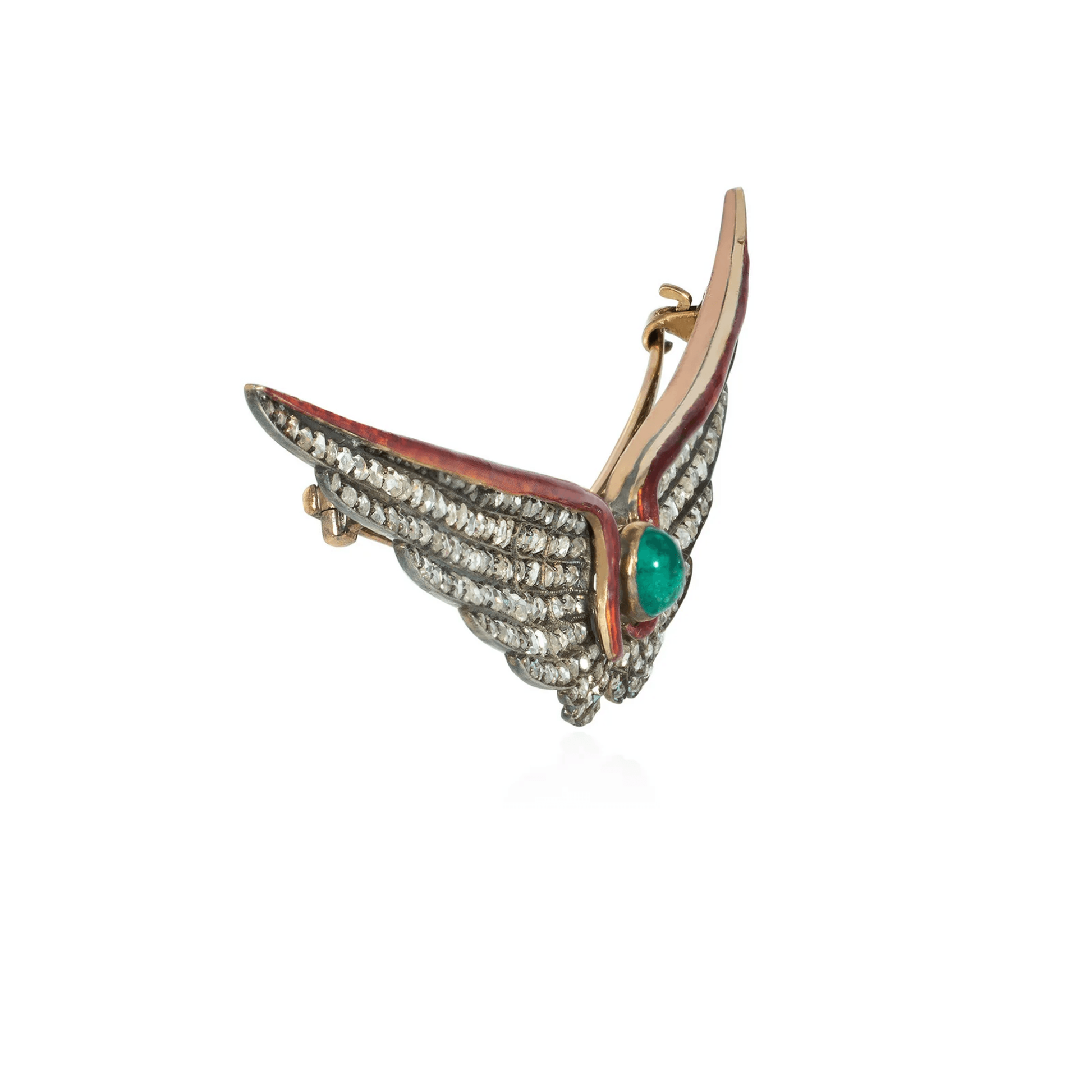 Victorian Silver & 14KT Yellow Gold Emerald, Diamond & Enamel Brooch side