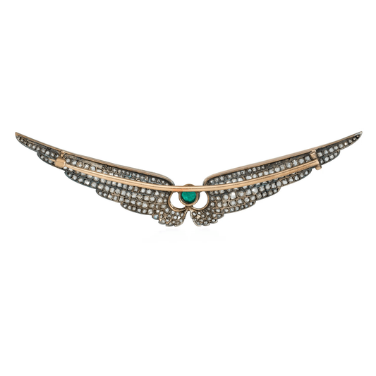 Victorian Silver & 14KT Yellow Gold Emerald, Diamond & Enamel Brooch back