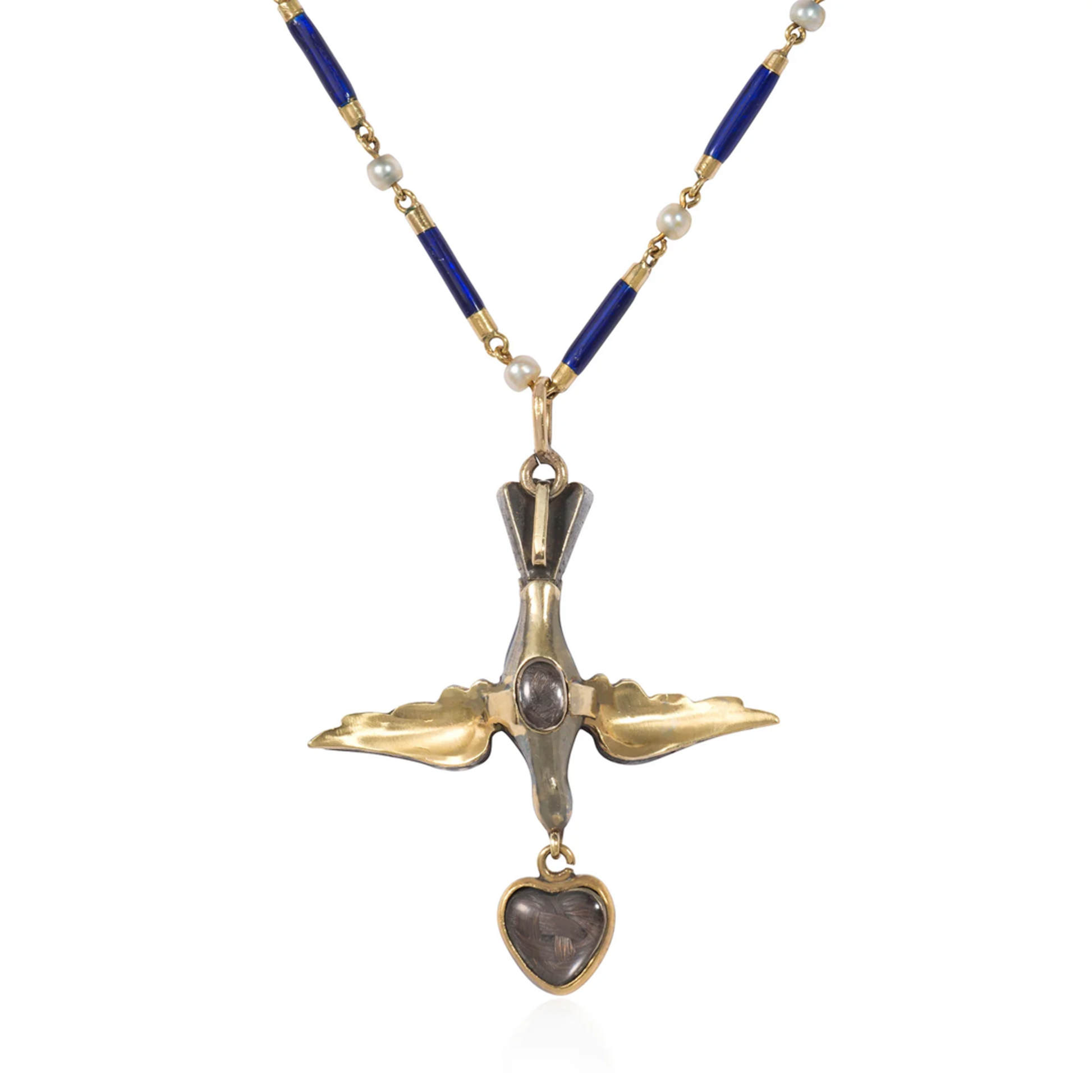 French Victorian 18KT Yellow Gold Diamond, Enamel & Pearl Bird Necklace back