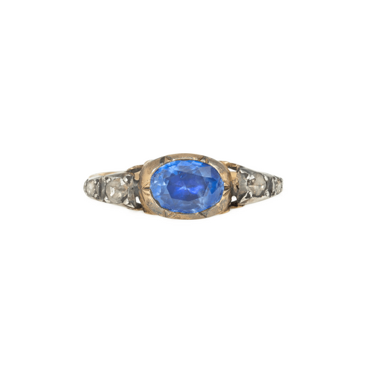 Georgian Silver & 18KT Yellow Gold Sapphire & Diamond Ring front