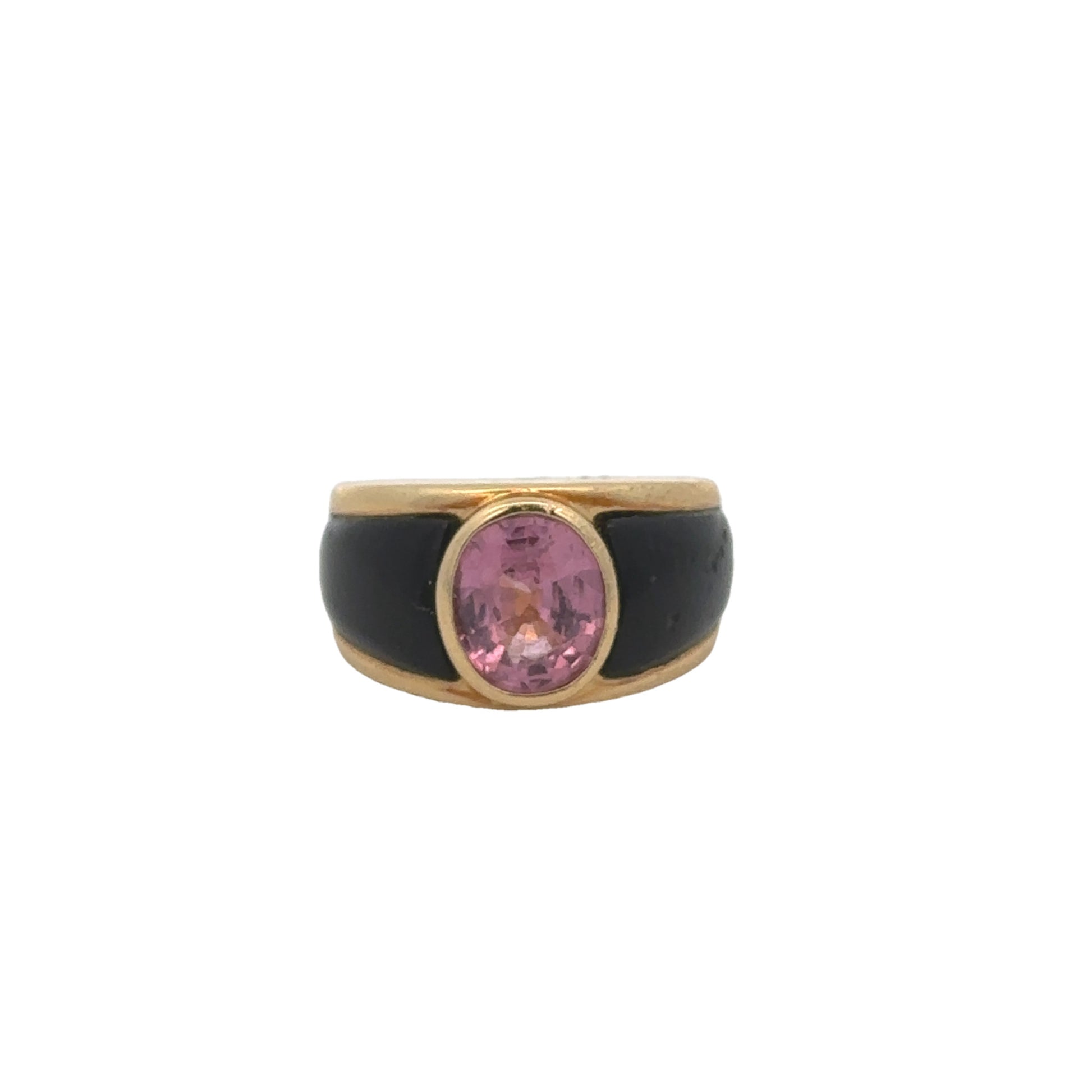 1970s 18KT Yellow Gold Pink Spinel & Enamel Ring front