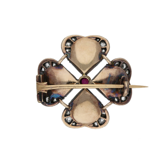 Carlo & Arthur Giuliano Antique 18KT Yellow Gold Moonstone, Diamond & Ruby Brooch back