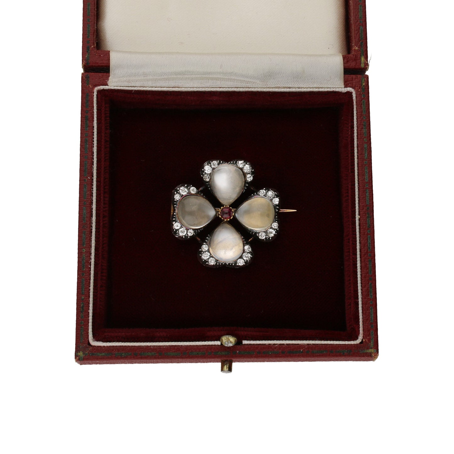 Carlo & Arthur Giuliano Antique 18KT Yellow Gold Moonstone, Diamond & Ruby Brooch in box