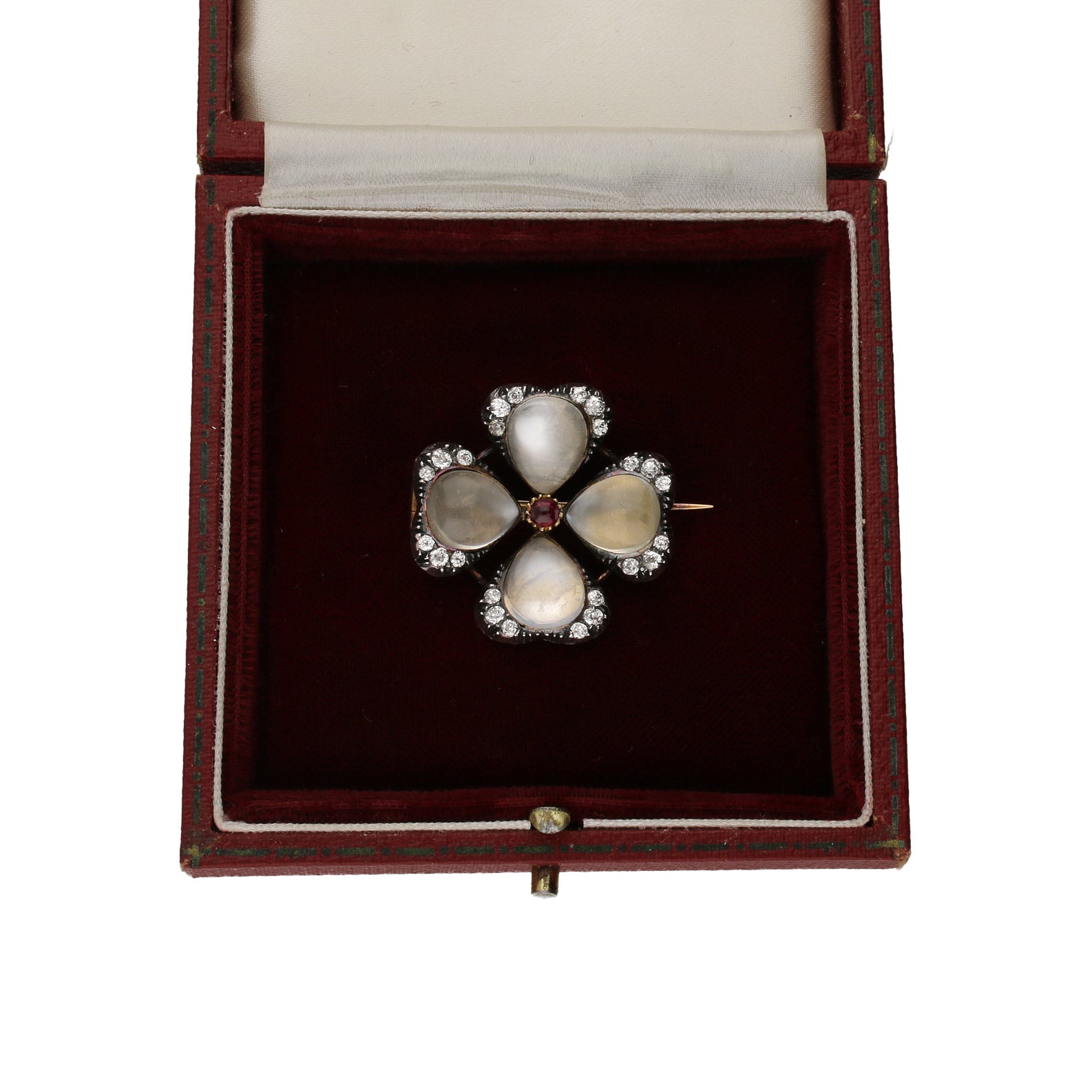 Carlo & Arthur Giuliano Antique 18KT Yellow Gold Moonstone, Diamond & Ruby Brooch in box