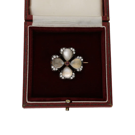 Carlo & Arthur Giuliano Antique 18KT Yellow Gold Moonstone, Diamond & Ruby Brooch in box