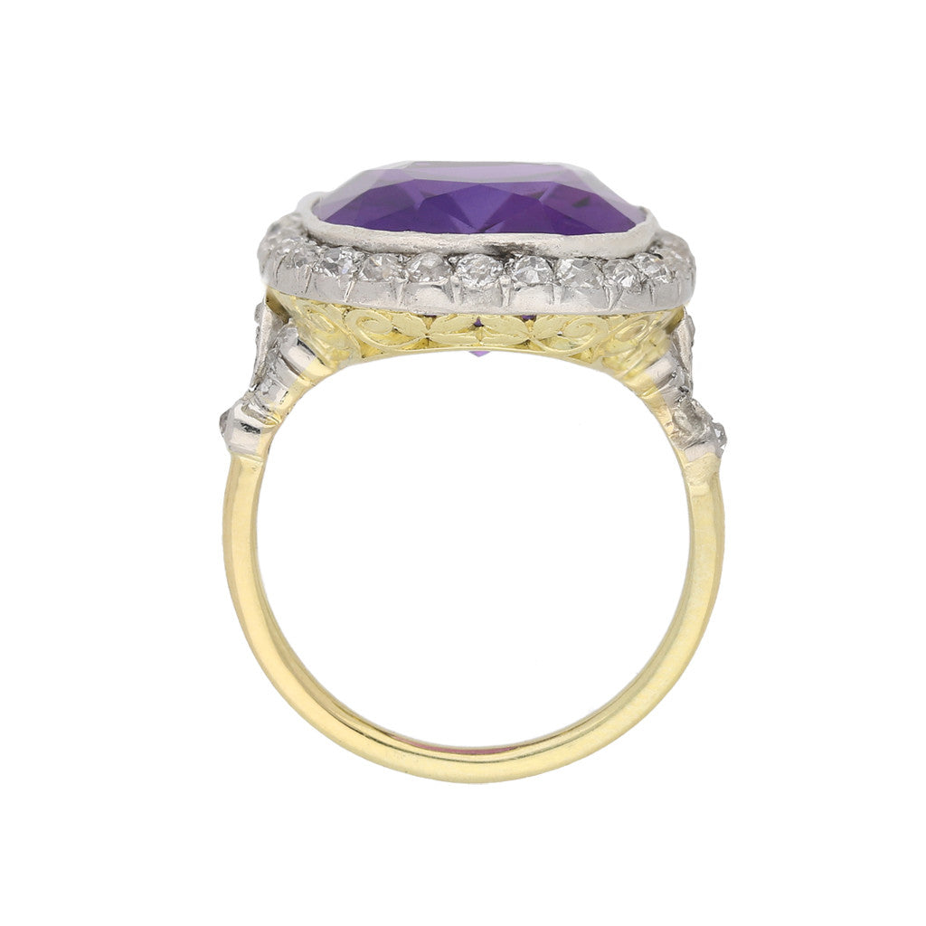 Victorian Silver & 18KT Yellow Gold Amethyst & Diamond Ring profile