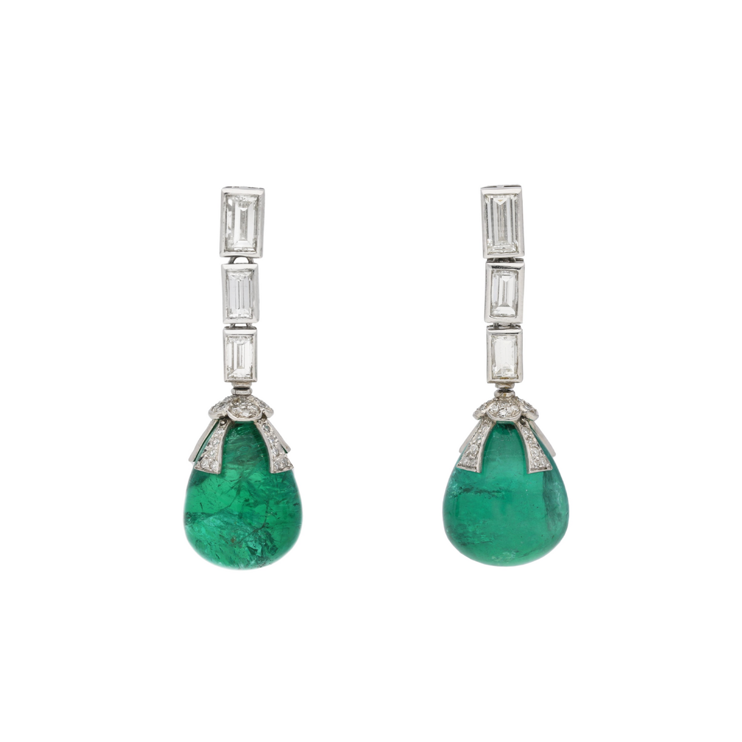 1970s Platinum Emerald & Diamond Earrings front