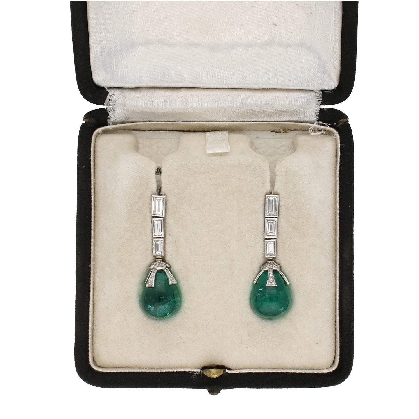 1970s Platinum Emerald & Diamond Earrings in box