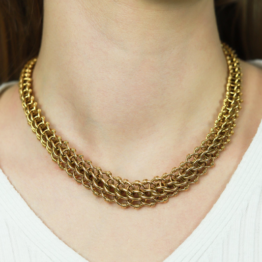 French 1940s 18KT Yellow Gold Necklace on neck