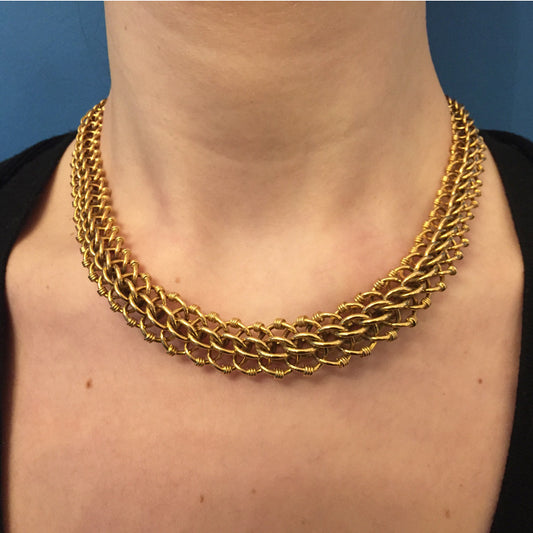 French 1940s 18KT Yellow Gold Necklace on neck