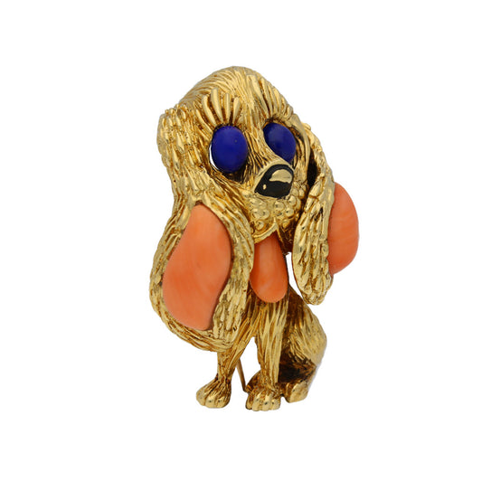 Mauboussin 1970s 18KT Yellow Gold Coral, Lapis Lazuli & Onyx Dog Brooch front side