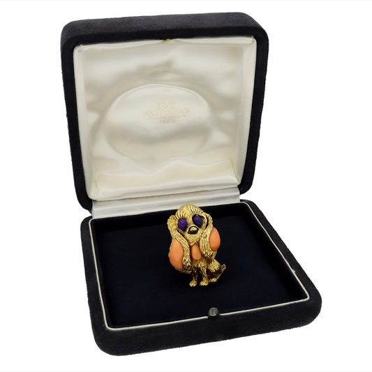 Mauboussin 1970s 18KT Yellow Gold Coral, Lapis Lazuli & Onyx Dog Brooch in box