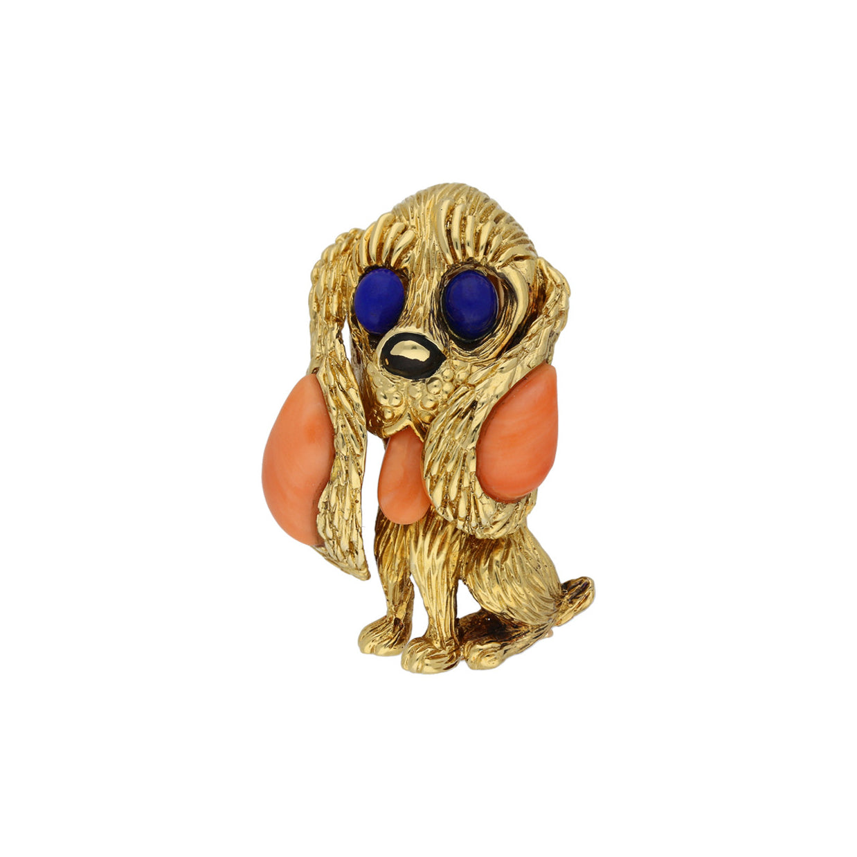 Mauboussin 1970s 18KT Yellow Gold Coral, Lapis Lazuli & Onyx Dog Brooch front