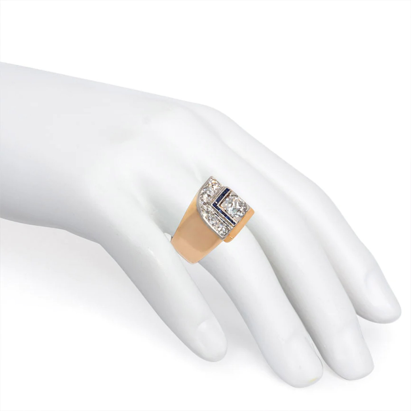 French Art Deco Platinum & 18KT Yellow Gold Diamond & Sapphire Ring on finger