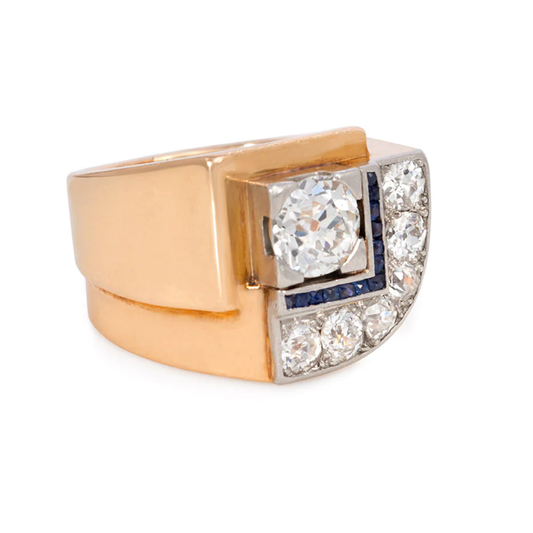 French Art Deco Platinum & 18KT Yellow Gold Diamond & Sapphire Ring side