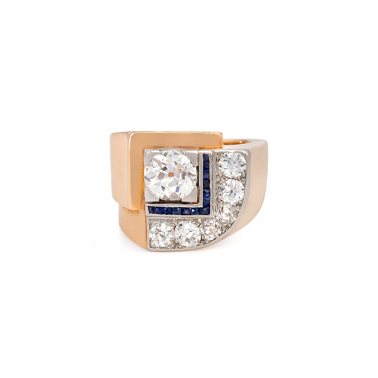 French Art Deco Platinum & 18KT Yellow Gold Diamond & Sapphire Ring front