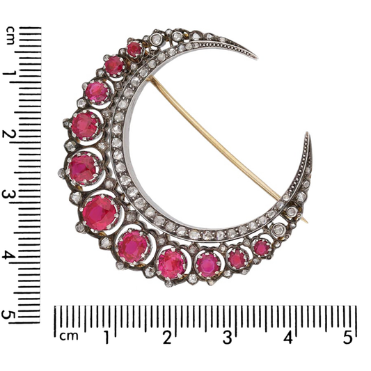 Victorian Silver & 18KT Yellow Gold Ruby & Diamond Crescent Brooch front