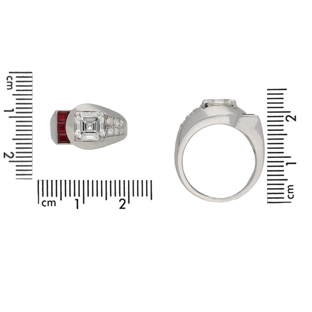 Raymond Yard Art Deco Platinum Diamond & Ruby Ring front and profile