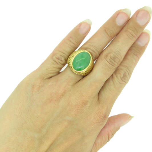 Georges Lenfant French 1940s 18KT Yellow Gold Jade Ring on finger