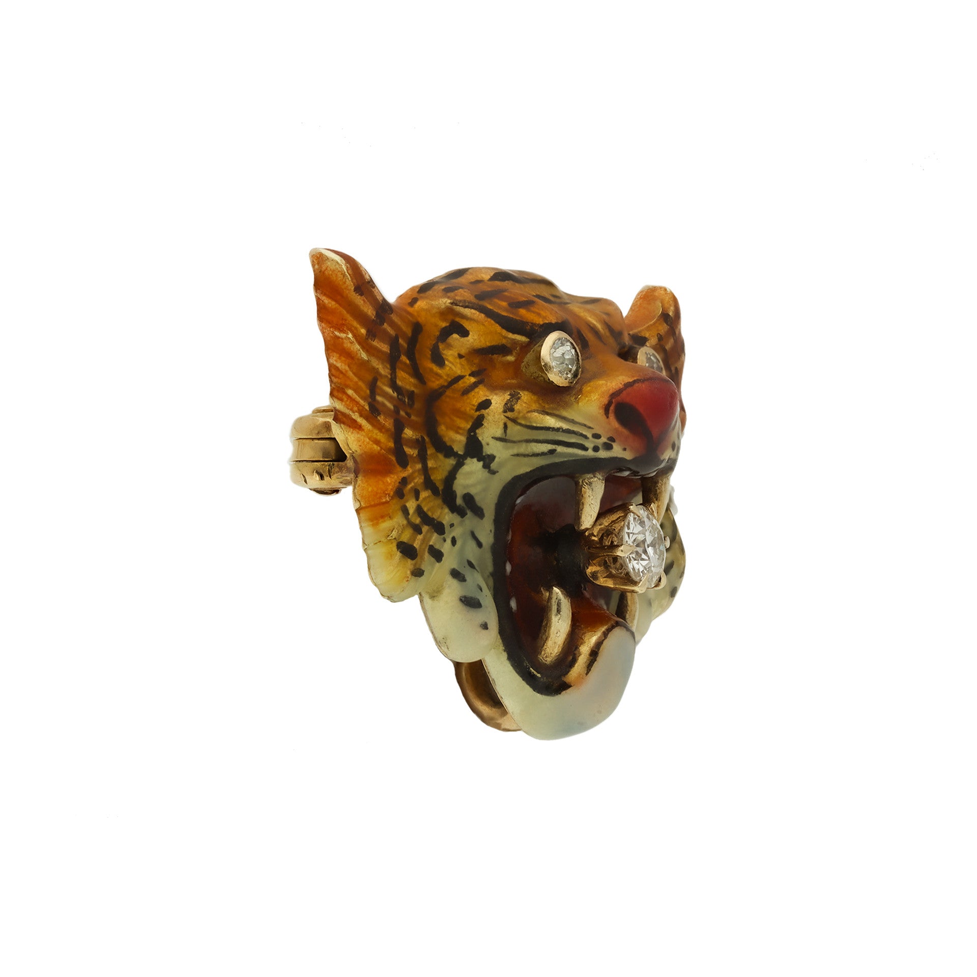 Victorian 14KT Yellow Gold Diamond & Enamel Tiger Brooch side