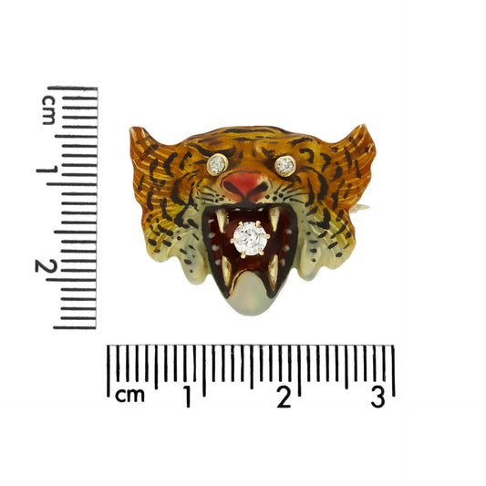 Victorian 14KT Yellow Gold Diamond & Enamel Tiger Brooch front