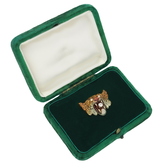 Victorian 14KT Yellow Gold Diamond & Enamel Tiger Brooch in box