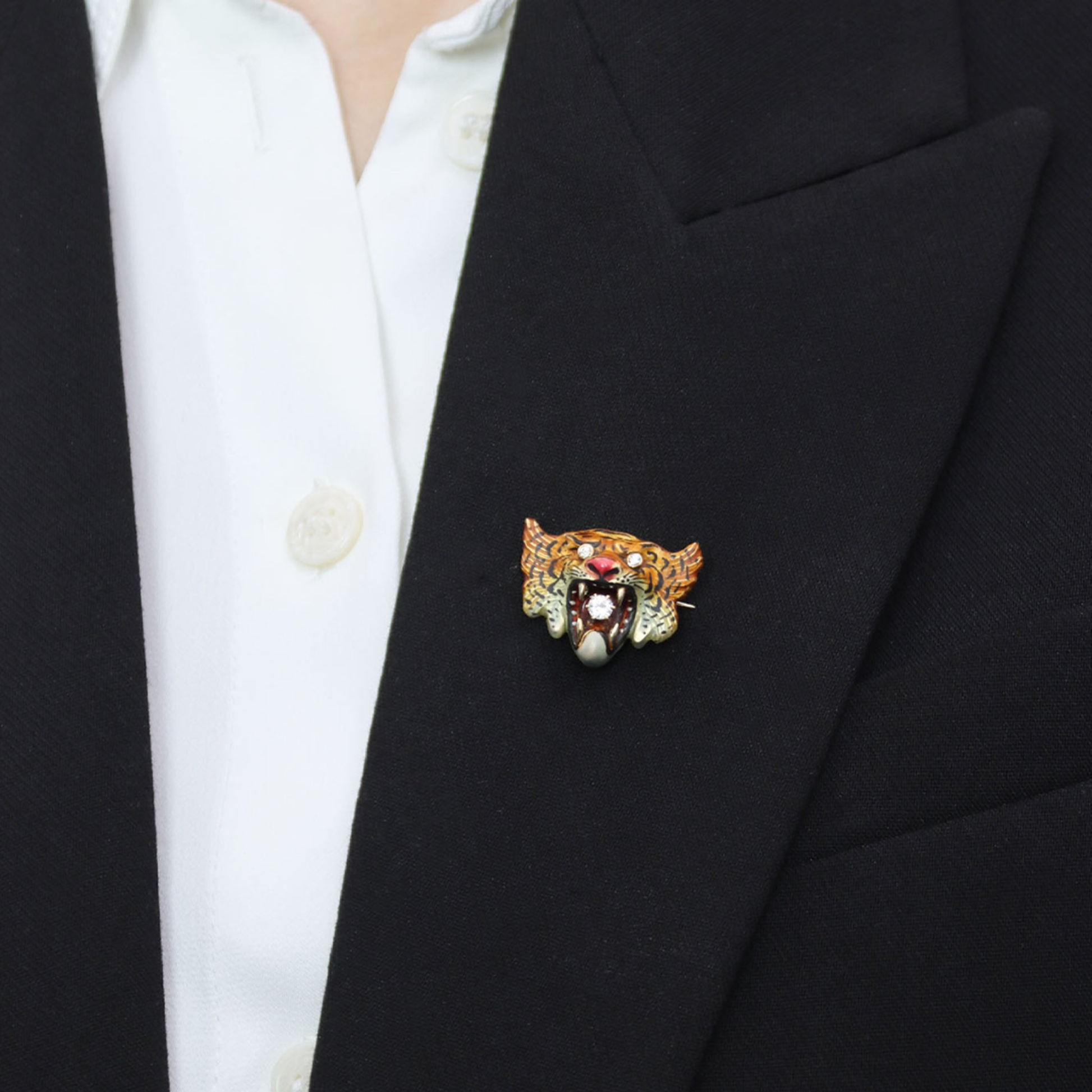 Victorian 14KT Yellow Gold Diamond & Enamel Tiger Brooch worn on lapel