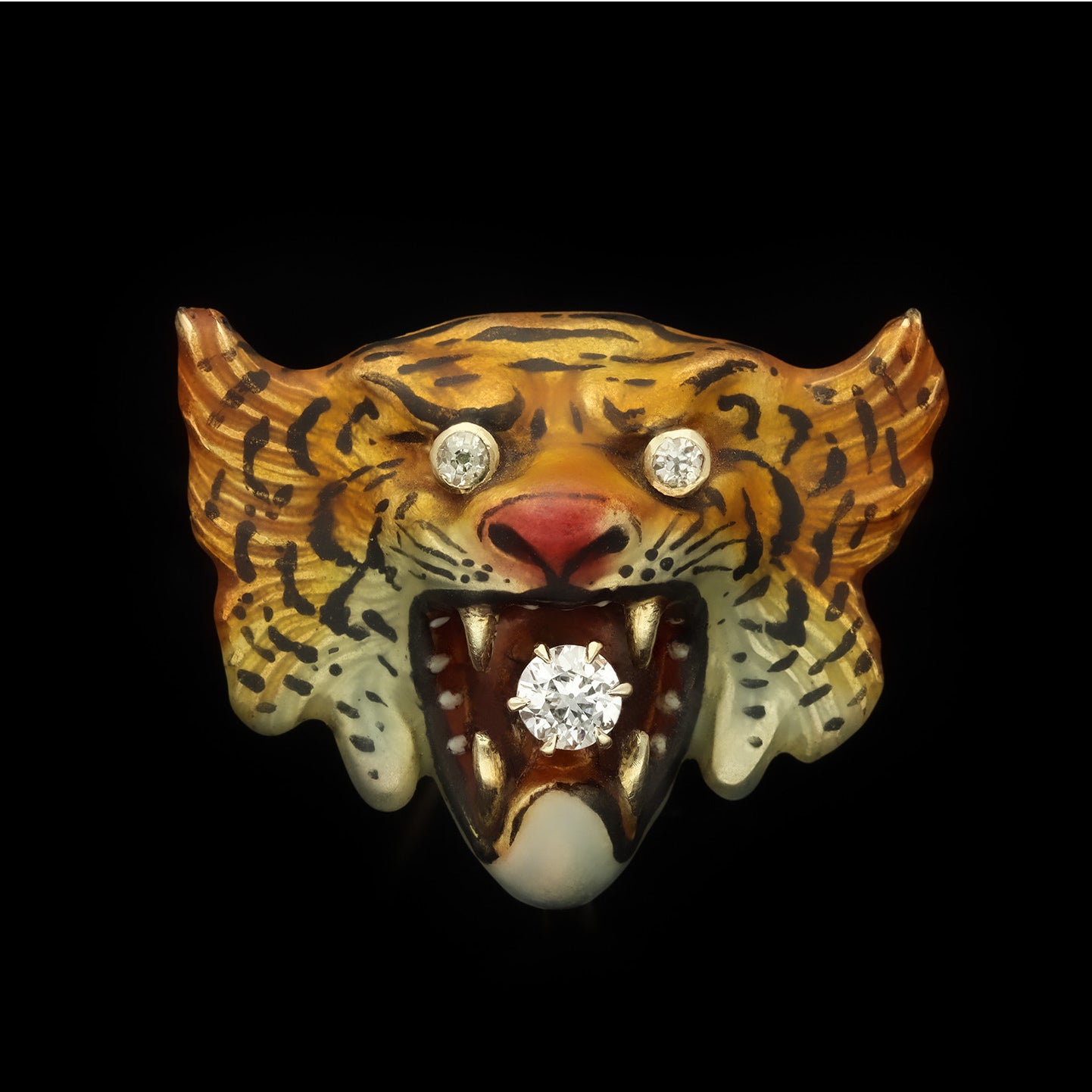 Victorian 14KT Yellow Gold Diamond & Enamel Tiger Brooch front