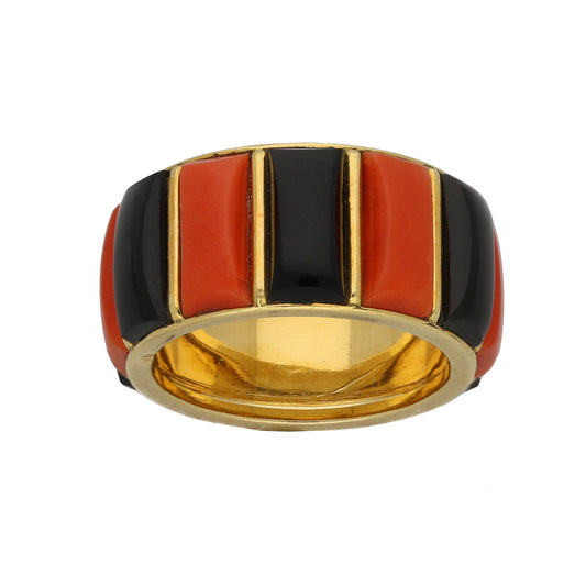 Cartier French 1970s 18KT Yellow Gold Coral & Onyx Ring front