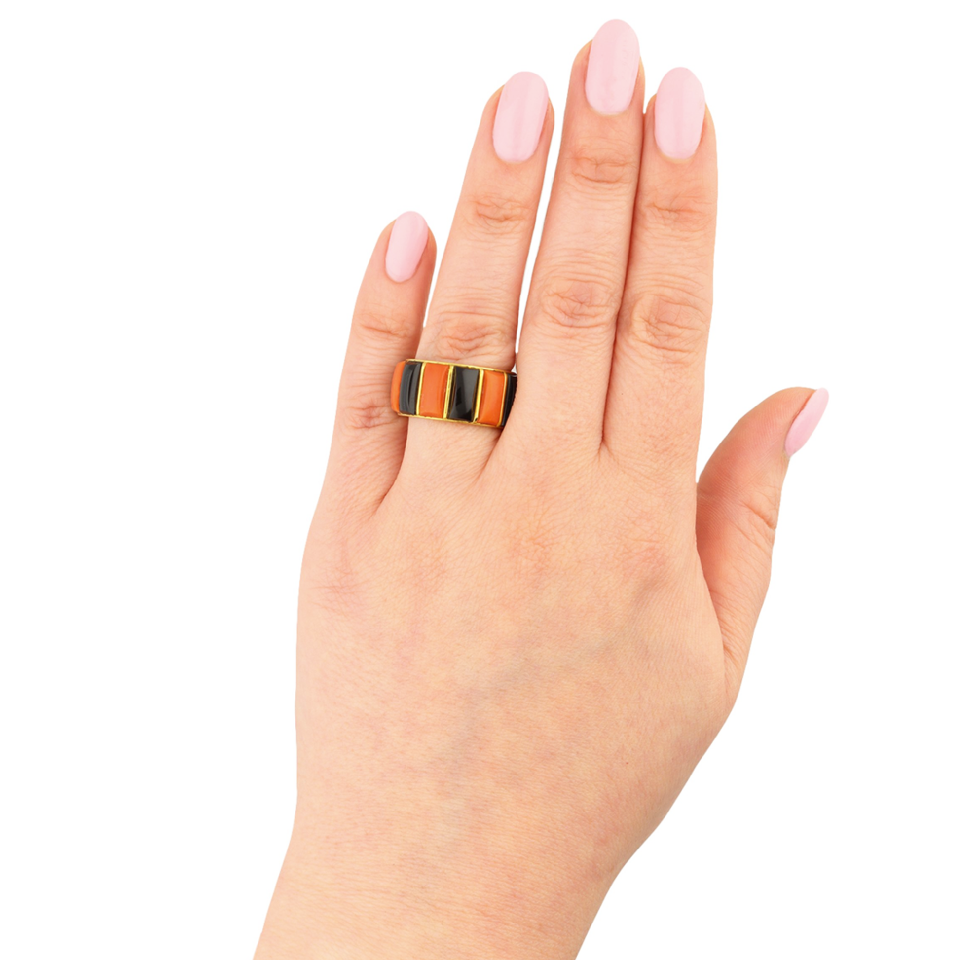 Cartier French 1970s 18KT Yellow Gold Coral & Onyx Ring on finger