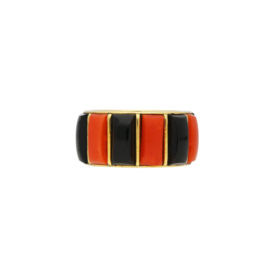 Cartier French 1970s 18KT Yellow Gold Coral & Onyx Ring front