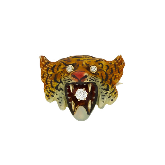Victorian 14KT Yellow Gold Diamond & Enamel Tiger Brooch front