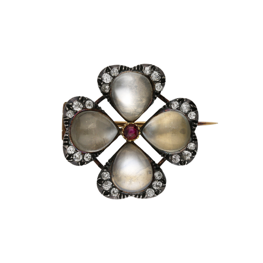 Carlo & Arthur Giuliano Antique 18KT Yellow Gold Moonstone, Diamond & Ruby Brooch front