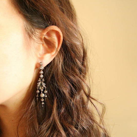 Antique Silver & 14KT Yellow Gold Diamond Earrings on ear