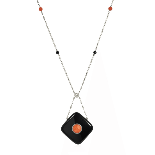 Art Deco Platinum & 18KT Yellow Gold Coral, Diamond & Onyx Pendant Necklace front