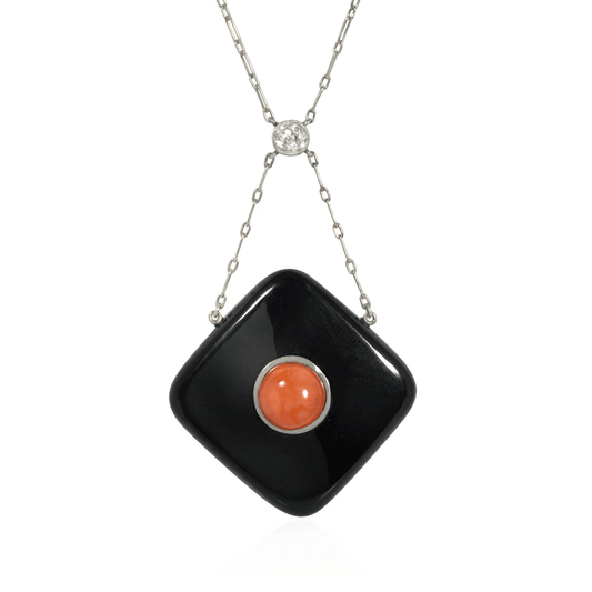 Art Deco Platinum & 18KT Yellow Gold Coral, Diamond & Onyx Pendant Necklace front