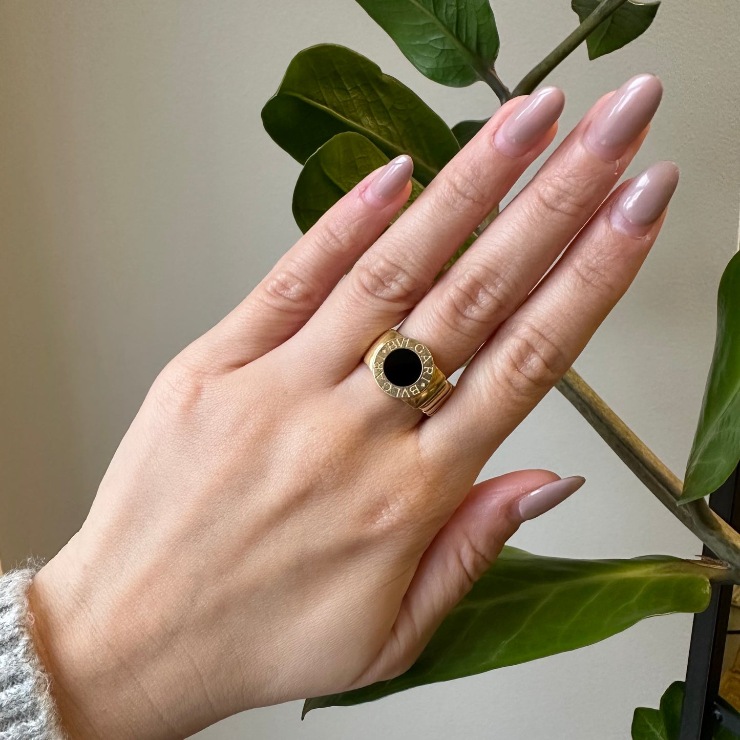 Bulgari Post-1980s 18KT Yellow Gold Onyx Ring on hand