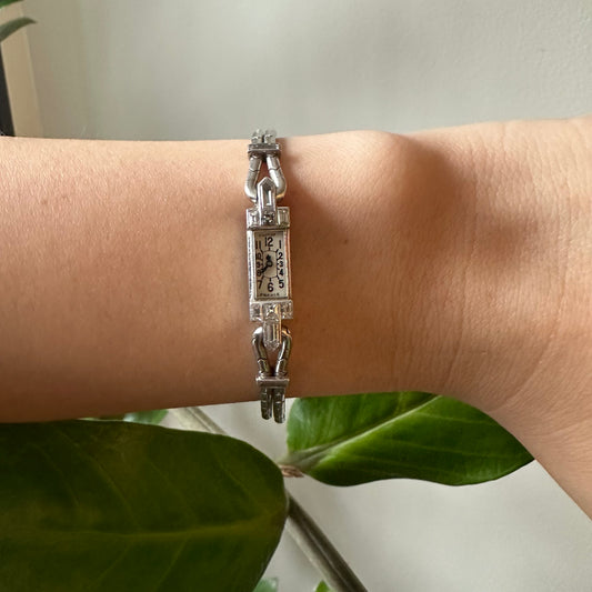 Cartier Paris Art Deco Platinum Diamond Watch Bracelet on wrist