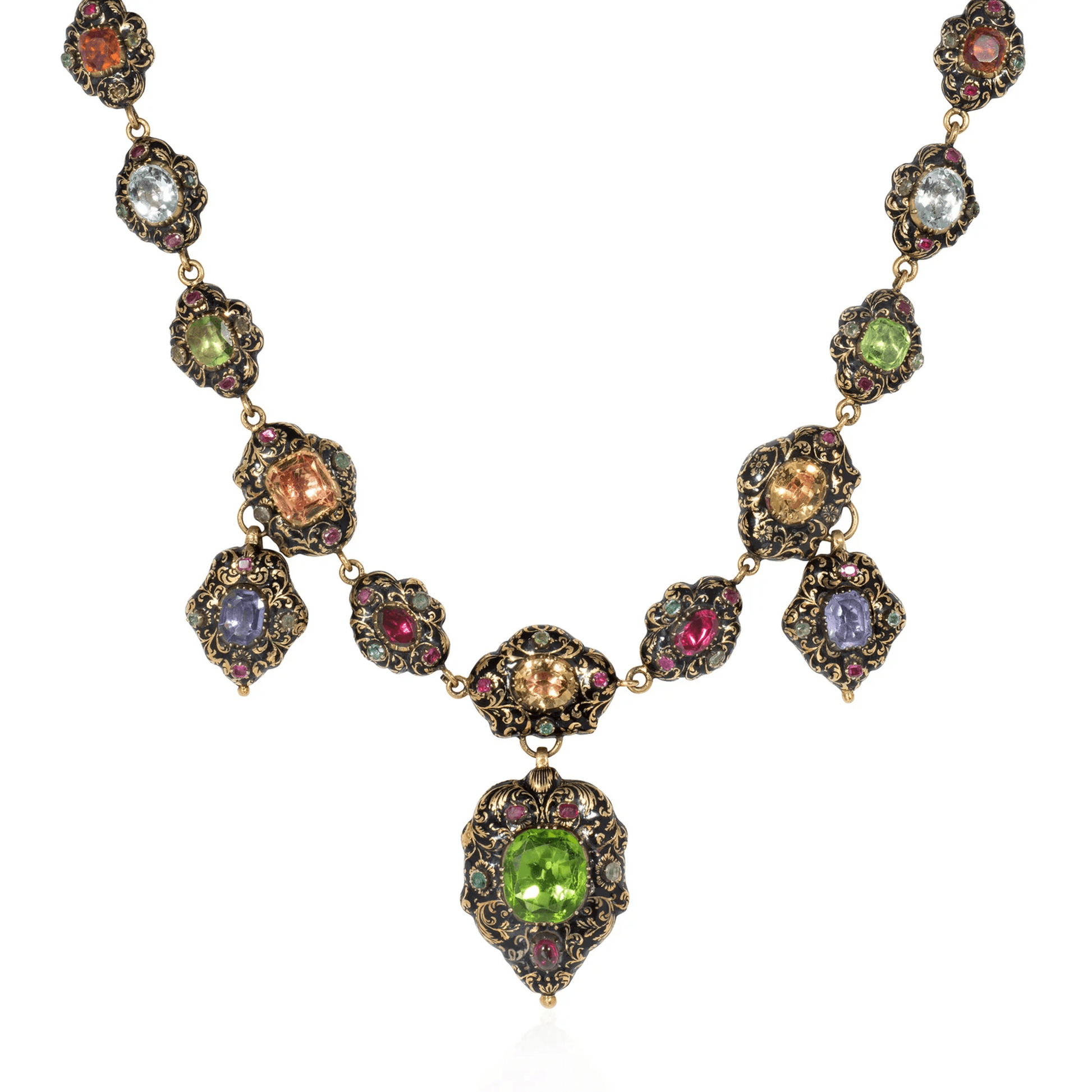 Georgian Swiss 18KT Yellow Gold Enamel & Multigem Necklace front