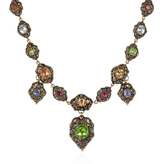 Georgian Swiss 18KT Yellow Gold Enamel & Multigem Necklace front