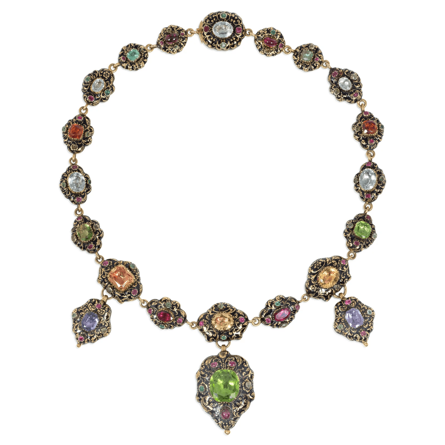 Georgian Swiss 18KT Yellow Gold Enamel & Multigem Necklace front