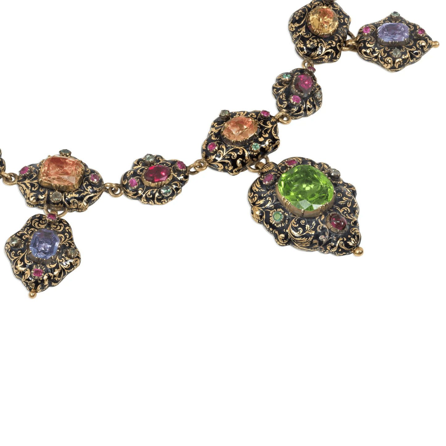 Georgian Swiss 18KT Yellow Gold Enamel & Multigem Necklace close-up