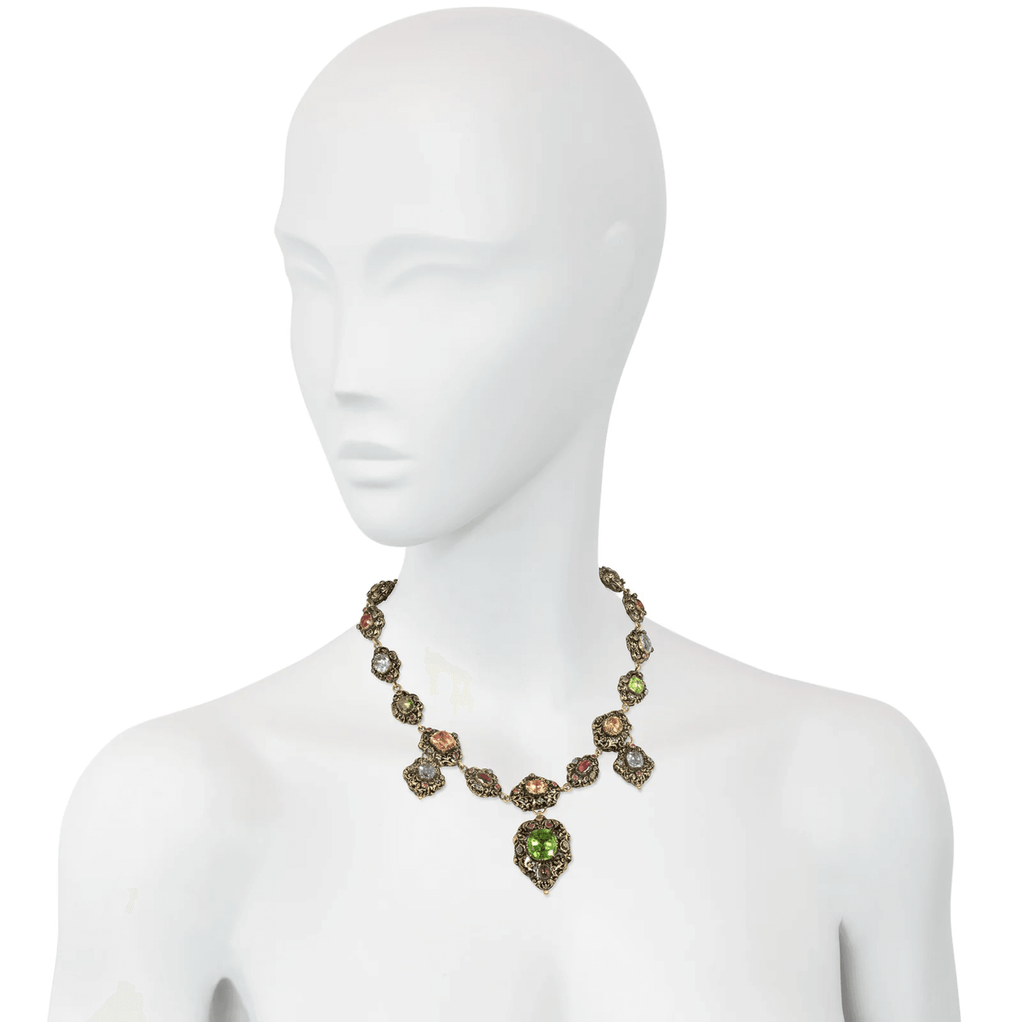 Georgian Swiss 18KT Yellow Gold Enamel & Multigem Necklace on neck