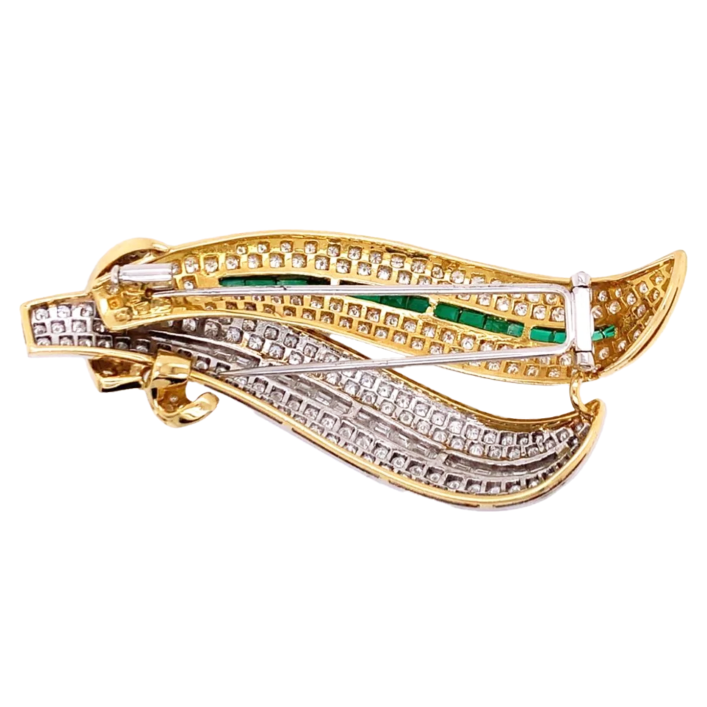 Post-1980s 18KT Yellow Gold Diamond & Emerald Brooch back