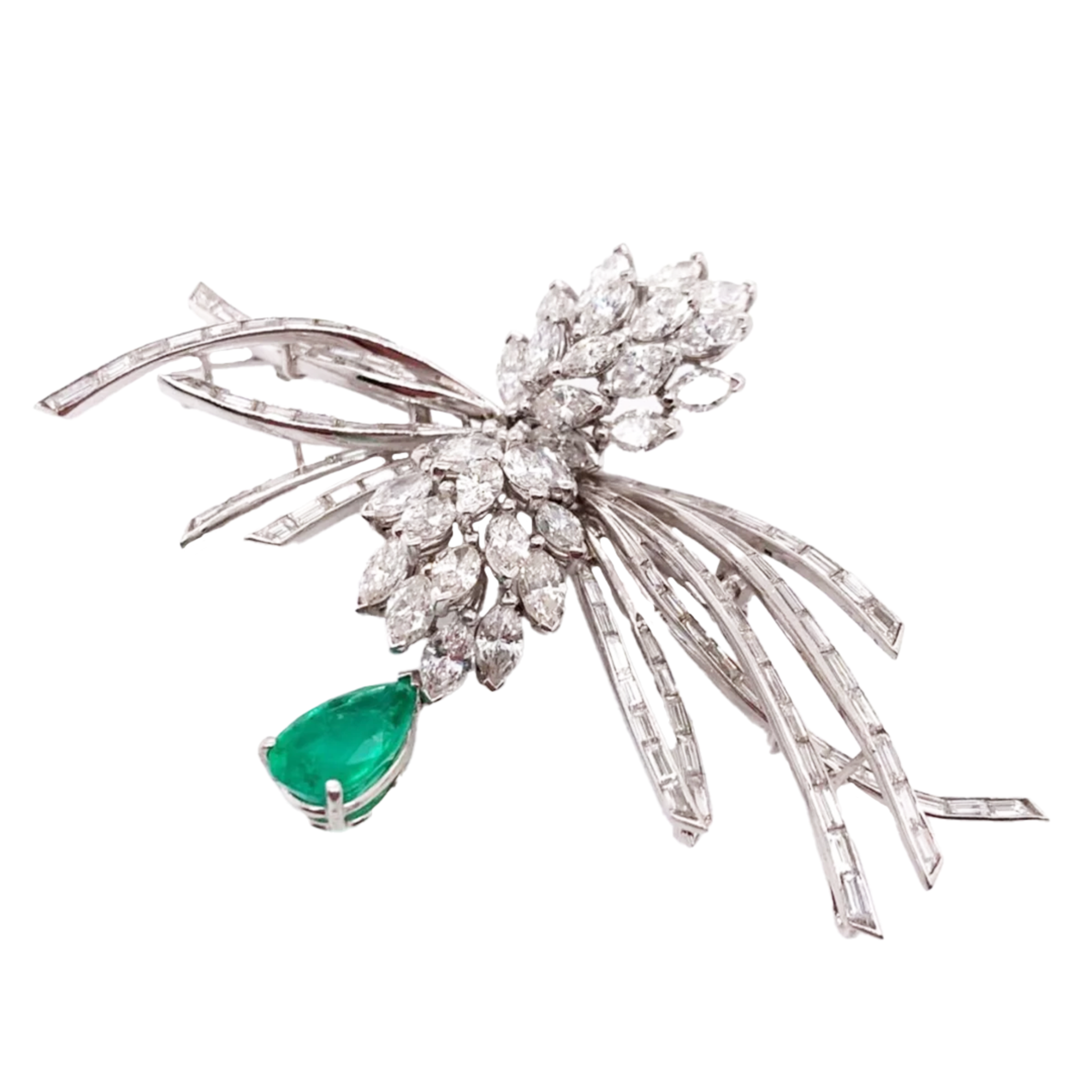 1970s Platinum Diamond & Emerald Brooch front