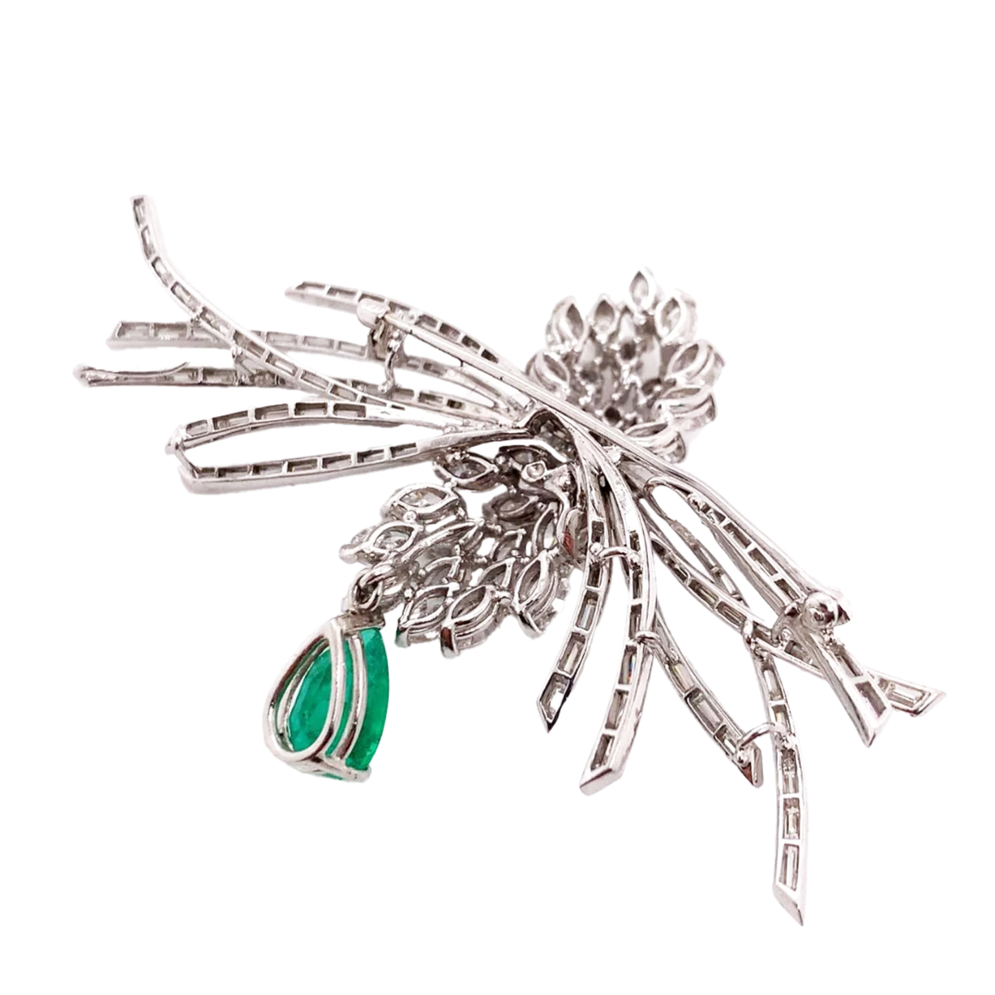 1970s Platinum Diamond & Emerald Brooch back