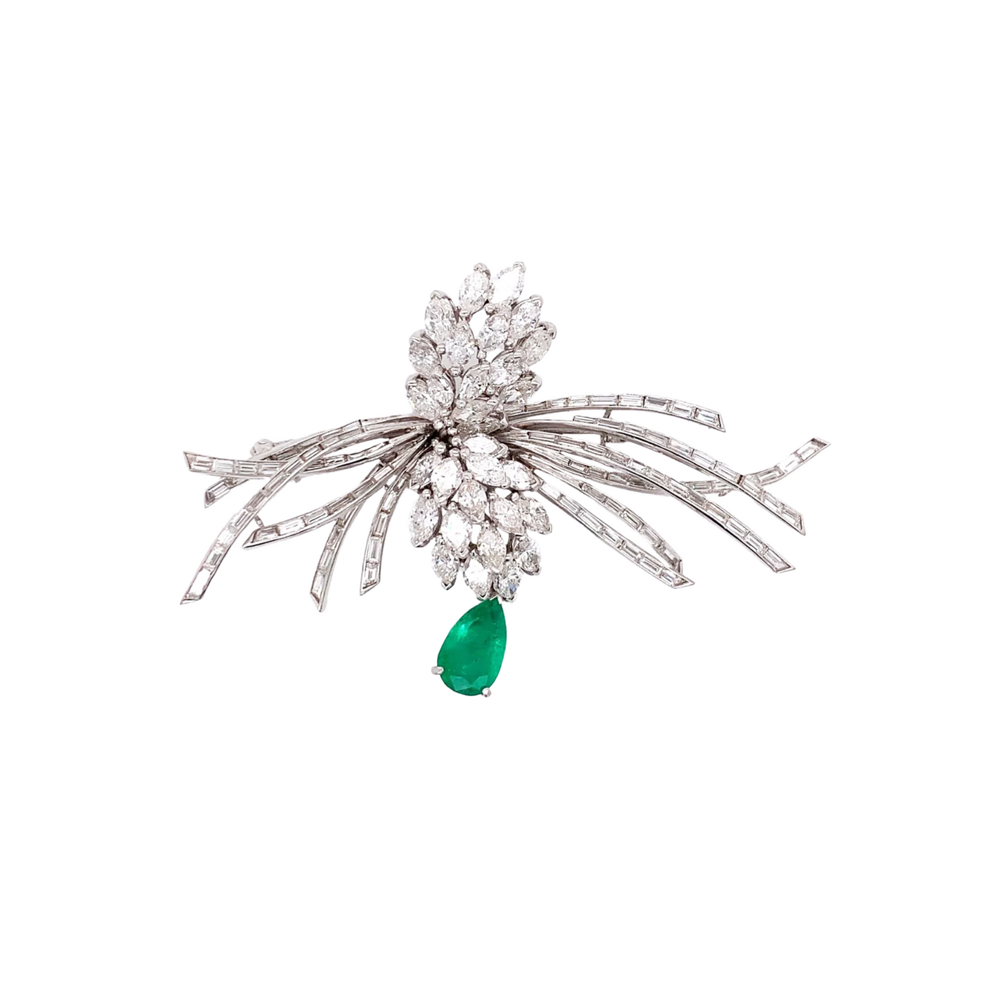 1970s Platinum Diamond & Emerald Brooch front