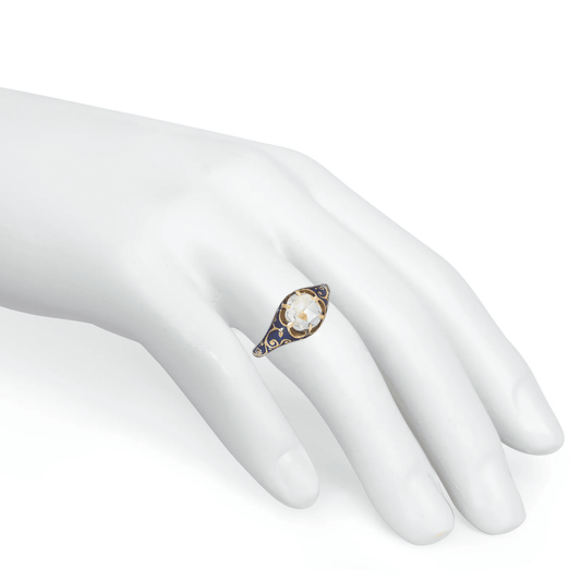 Victorian 15KT Yellow Gold Diamond & Enamel Ring on finger