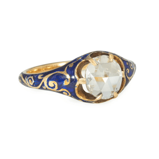 Victorian 15KT Yellow Gold Diamond & Enamel Ring side