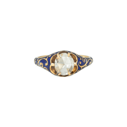 Victorian 15KT Yellow Gold Diamond & Enamel Ring front